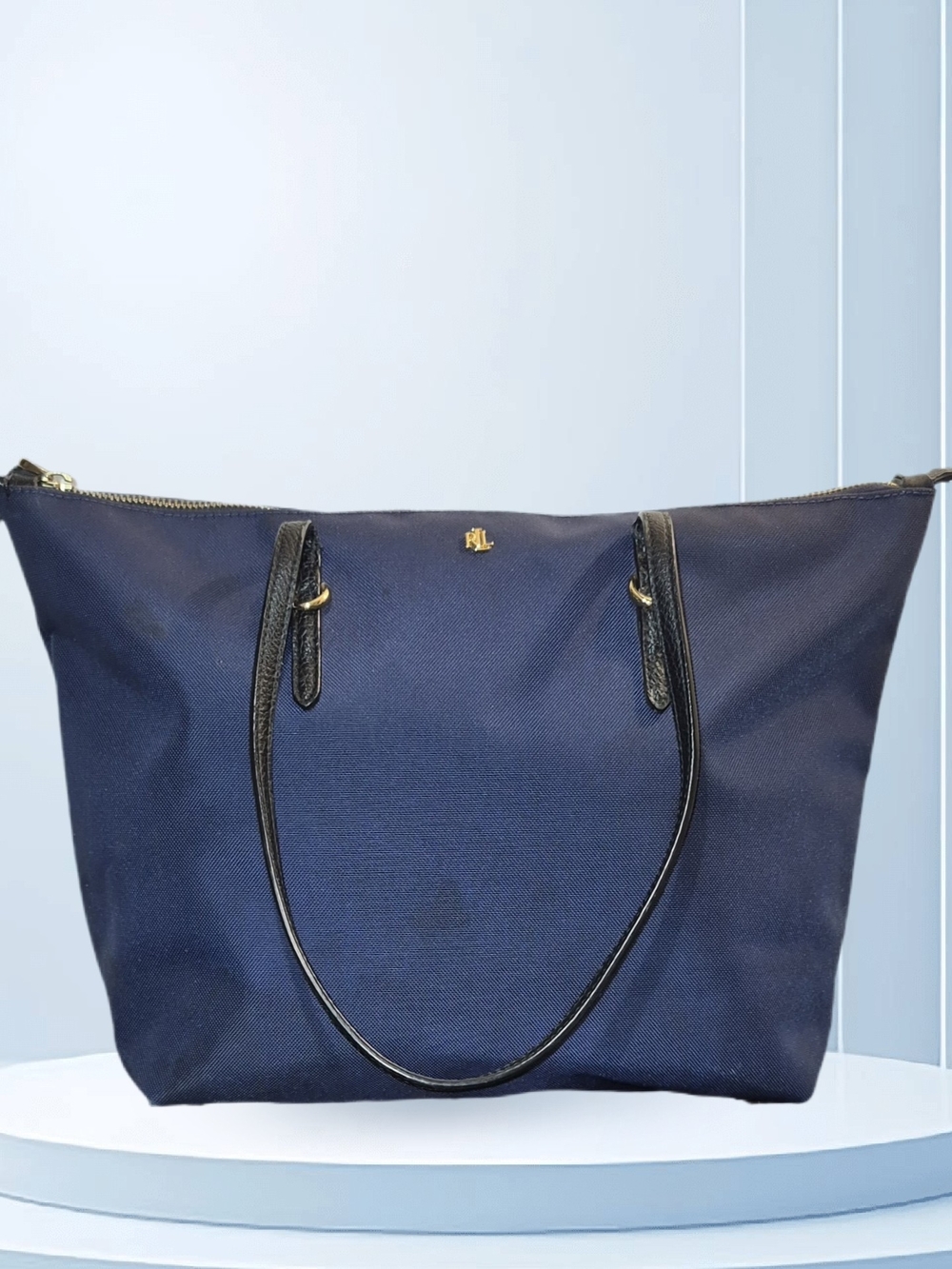 Ralph Lauren Navy Tote Bag with Black Leather Trim